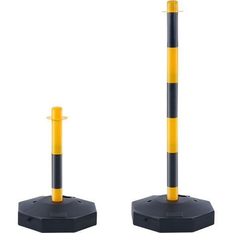 Poteau délimiteur de trafic réglable, lot de 6, barrière de sécurité avec base à remplir et chaîne de 2,44 m, pour contrôle routier, stationnement, chantier, jaune et noir. (1/5)