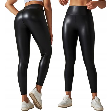 Modische Leggings mit hohem Bund, formgebend, aus Kunstleder, elastisch, Push-up, schwarz, XXL