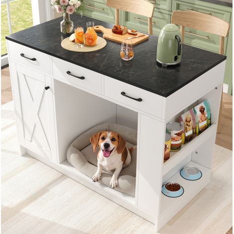 Isla de cocina 120/60/90 cm blanca con 3 cajones, zona para mascotas y balda regulable (1/5)
