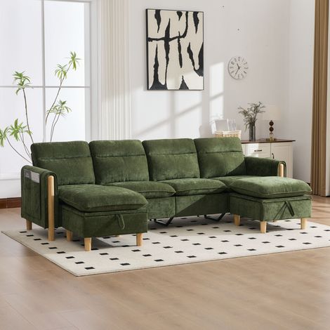 Canapé panoramique en U XL 4 places avec rangement, canapé modulable en chenille avec pouf Vert (1/5)