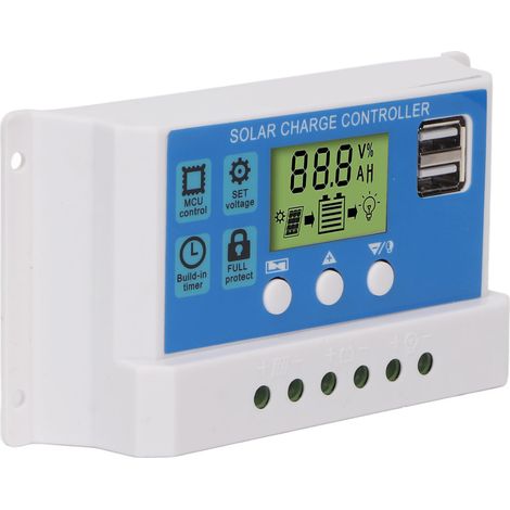 Régulateur de charge solaire PWM intelligent avec écran LCD réglable et 2 ports USB (12 V/24 V, blanc, 20 A) (1/5)