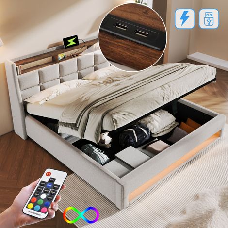Polsterbett 140/200 cm beige aus Leinen mit LED, USB und Stauraum (1/5)
