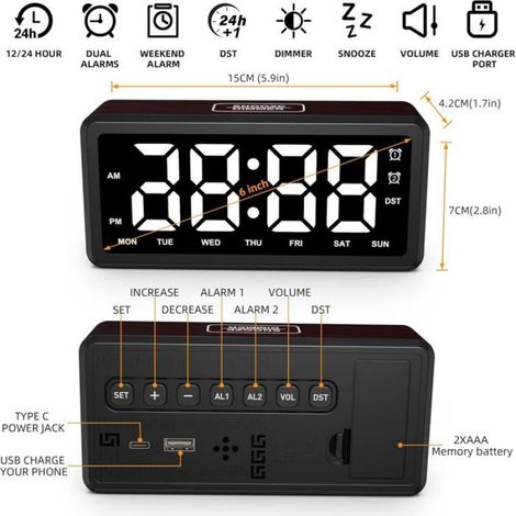 Réveil En Bois - Écran LED 6 Pouces - Réglage Luminosité 5 Niveaux - Double Alarme - Fonction Snooze - Port USB - Alimentation Secteur + Batterie Secours (1/5)