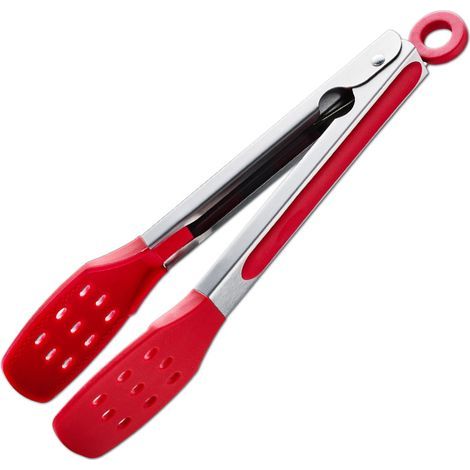 Pinces de cuisine de 9 pouces, pinces en acier inoxydable avec embouts fendus en silicone, pinces antiadhésives résistantes à la chaleur pour la cuisine, buffet, service de salade (9", rouge) (1/5)