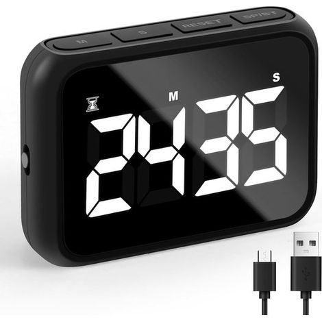 Timer digitale ricaricabile tramite USB, ampio display, allarme regolabile, timer magnetico per uova, ideale per cucina, cameretta e scrivania, colore nero. (1/5)