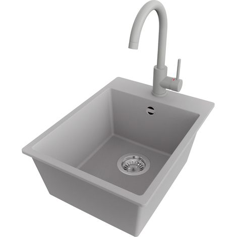 PRIMAGRAN Evier Cuisine en Granit 38x50cm,Lavabo 1 bac + Robinet 32x20cm + Kit de Vidage, Évier à Encastrer au meuble 40cm - Riga, Gris (1/5)
