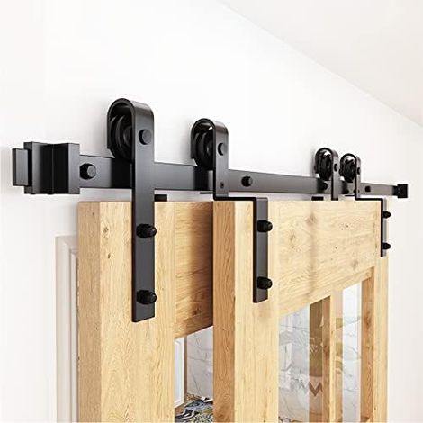 200 cm Doppel-Schiebetür-Set für Scheunentore, Verbindungsschienen-Set für Schiebetüren, Scheunentorbeschläge, Schwarz, Tragkraft 150 kg (1/5)