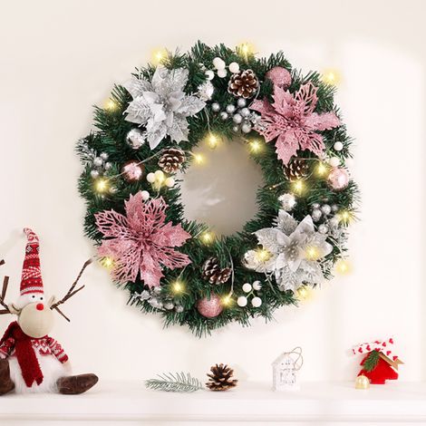 Guirlande de pommes de pin de fleurs de Noël avec lumières, décoration de porte artificielle, arrangement de couronne de Noël, 50 cm (1/5)