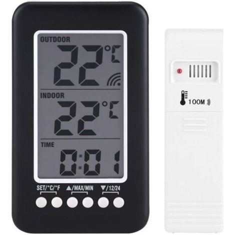 Thermomètre Intérieur Extérieur Sans fil Affichage LCD NumériqueCapteur de prévision Écran LED Noir Horloge Digital Thermomètre Auto Refresh pour Maison Cuisine Bureau avec le moniteur de temp (1/5)
