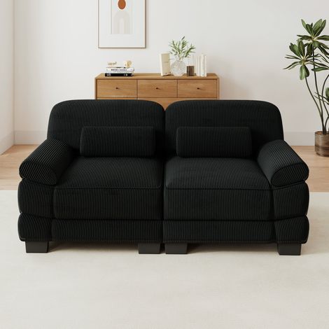 Canapé 2 places modulaire en velours côtelé noir avec coussin lombaire, 194 x 88,5 x 94 cm (1/5)