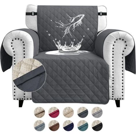 Housses de Canapé Impermeable avec Accoudoirs 1 Place Antidérapante Épaissi Pas Besoin de Laver la Housse de Canapé avec Poches Latérales pour Animaux de Compagnie Chiens Chats,Gris Foncé (1/4)
