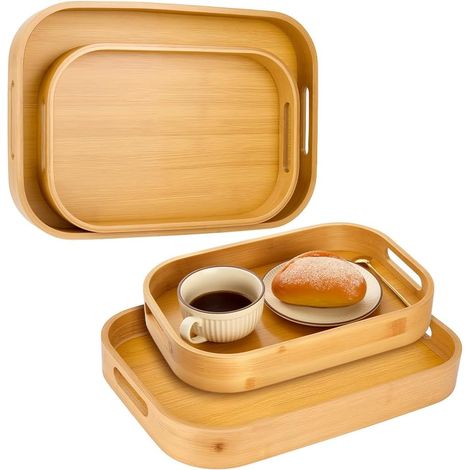 Plateau de Service en Bambou 4pcs avec 2 Taille Poignée et Angles Arrondis (1/5)