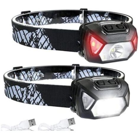 Lot de 2 lampes frontales LED rechargeables 300 lumens – 6 modes d'éclairage IPX4 – Idéales pour camping, randonnée, bricolage, cyclisme (1/4)