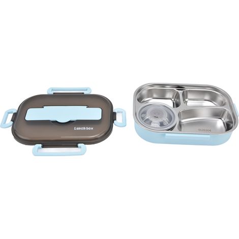 Tragbare Kinder-Lunchbox aus Edelstahl 304, Bento-Box mit vier Fächern, Suppenschüssel, Essstäbchen und Löffel (blau)