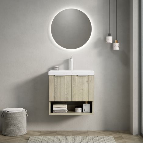 Waschtisch-Set mit Keramikwaschbecken, Multiplexplatte in Off-White/Eichenoptik, wandhängend mit Stauraum (1/5)