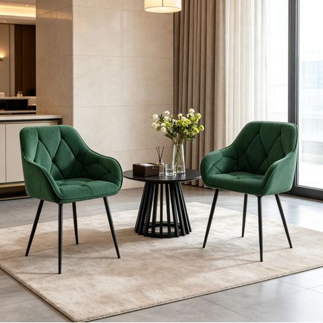 Juego de 2 sillas de comedor de terciopelo verde oscuro con estructura de metal y apoyabrazos ergonómicos (1/5)