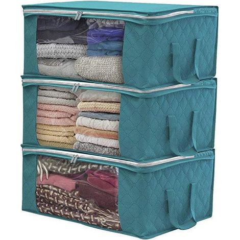 3 Sacs Rangement Pliables Bleus 49x36x21cm Non Tisse Impermeable Couettes (1/3)