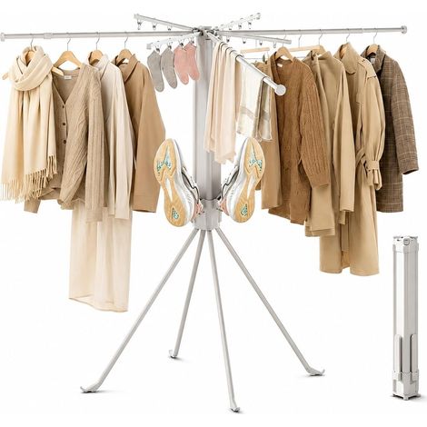 Clothes Airer on Stand 4 Legs, Foldable and Space-Saving, Drying Rack with Sock Clips and 4 Shoe Racks, Heavy Duty Airer for Indoor and Outdoor Use (1/5)