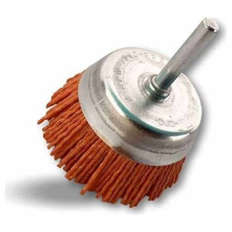 Brosse rotative métallique coupe Ø 75 mm  Sur tige Ø 6 mm  Fil nylon abrasif grain 80  Pour perceuse ou visseuse à mandrin (1/5)