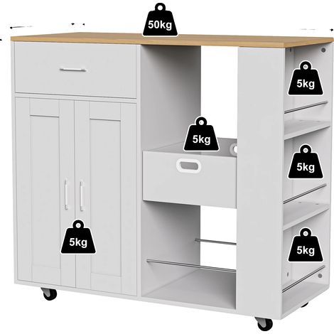 Isla de cocina independiente con almacenamiento y carrito móvil, color blanco. (1/2)