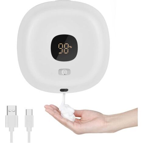 Distributeur de savon automatique (blanc), distributeur de savon thermostatique mural sans contact 300ml, distributeur de savon rechargeable par USB, pour la salle de bain, la cuisine, le bureau et l' (1/5)