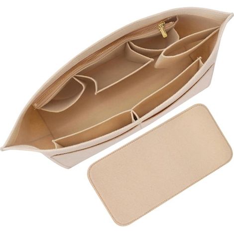 2-teiliger Handtaschenorganizer aus Filz mit Boden, beige gefüttert, Innentaschen und Reißverschlusstaschen, für Damenhandtaschen. (1/4)