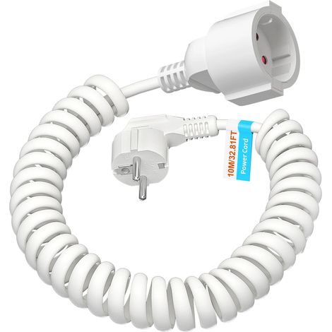 Rallonge électrique (blanche, 10 m) avec prise mâle/femelle bipolaire standard européenne et câble à ressort rétractable en PVC. (1/5)