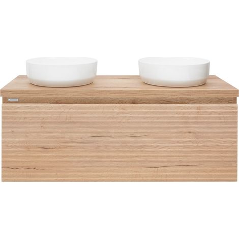 Naturel – Meuble sous vasque simple 118x43x44,8 cm – SAVONA120DHD – Surface stratifiée chêne halifax mat – Tiroir de rangement spacieux (1/4)