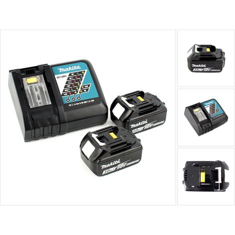 Makita – Pack de 2 batteries 18V 3Ah Li-Ion avec chargeur rapide DC 18 RC – Protection contre surchauffe – Charge optimisée pour usage intensif (1/4)