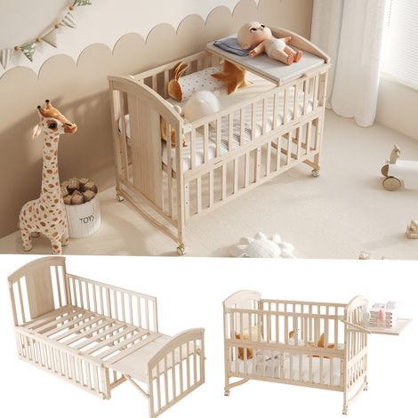 Lit bébé multifonctionnel en bois naturel : avec table à langer, étagère de rangement pliable, extensible, peut être utilisé comme lit d'appoint, sans matelas, 1206095cm (extensible de 40cm) (1/5)