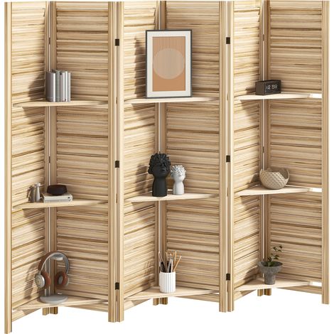 Paravent intérieur - HOMCOM - 4 panneaux - pliable - 3 étagères - en bois - 160 x 170 cm - bois naturel effet brûlé (1/5)