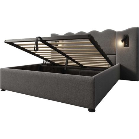 Polsterbett Doppelbett mit Leselampe und USB Type-C Ladefunktion, Stauraumbett Bettgestell mit Lattenrost aus Massivholz und Metall, Cordstoff (Ohne Matratze)