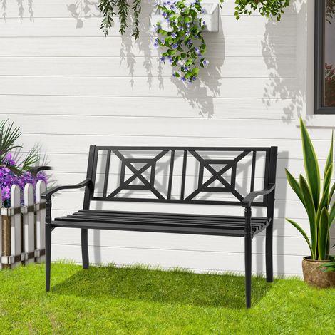 Outsunny Banc de jardin 2 places banquette extérieur terrasse patio dossier haut assise à lattes accoudoirs confortables acier 128 x 62.5 x 81.5 cm noir