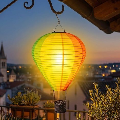 Solar Heißluftballon Lampe aus Nylon bunt zum Hängen groß - 58 cm - LED Garten Lichtspiel mit Flammen Effekt - Deko Gartenleuchte Laterne Solarleuchte Dekoleuchte Hängelaterne Windlicht