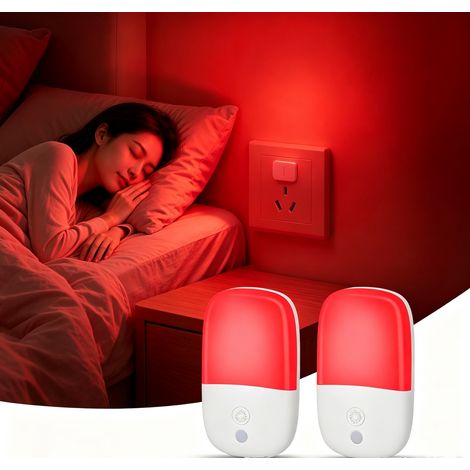 Lot de 2 veilleuses rouges 670 nm, allumage/extinction automatique par capteur crépusculaire, douce lumière rouge pour la chambre de bébé, la chambre à coucher, le couloir et la salle de bain. (1/5)