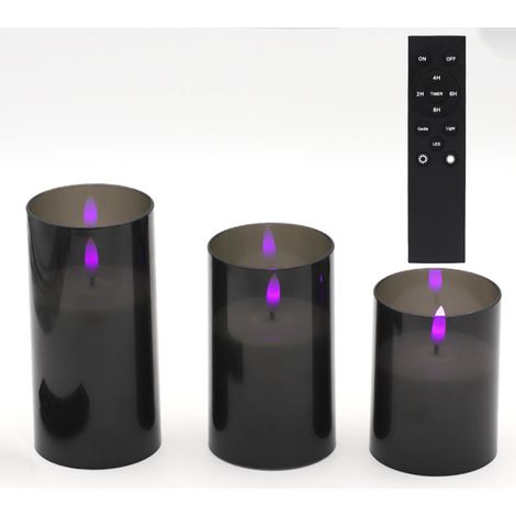 Lot de 3 bougies LED sans flamme, boîtier noir, avec bande lumineuse violette clignotante, minuterie et fonction de variation d'intensité, alimentées par piles (piles non incluses). (1/5)