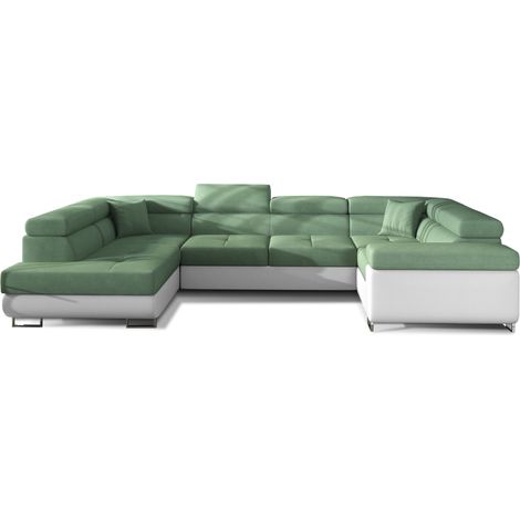 Canapé convertible panoramique TOVY tissu et simili cuir - têtières réglables à gauche-Blanc/Vert clair-Coffre à gauche (1/5)