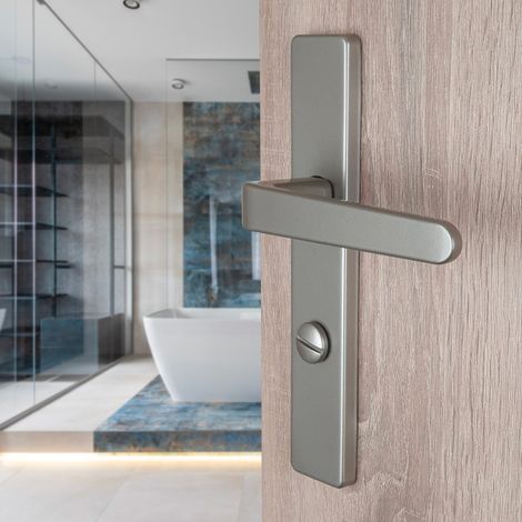 Ouvre&Déco – 2 poignées universelles DUALFIT sur plaque carrée CELIO verrou condamnation, Aluminium laqué gris bi-entraxe 165-195