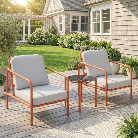 Salon de Jardin 3 Pièces, 2 Fauteuils, 1 Table Basse, Coussins Épais, Plateau en Verre Trempé, 63x77x76cm, Rouge Vineux (1/5)