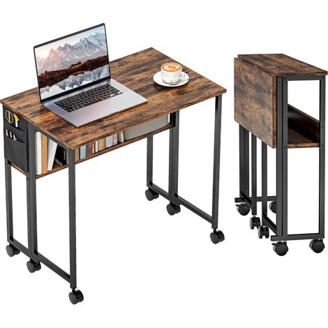 Bureau pliable sur roulettes 80 x 50 cm avec étagère et sac de rangement, brun rustique (1/5)