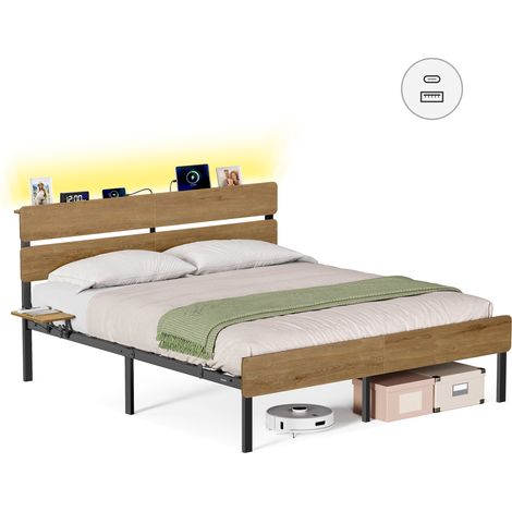 Vasagle – Cadre de lit 160 x 200 avec sommier métal – Éclairage LED 25 couleurs – Ports USB-A et USB-C – Rangement sous le lit – Style industriel marron (1/5)