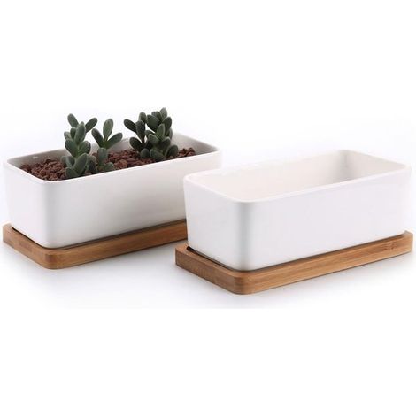 2er-Set rechteckige Keramik-Sukkulententöpfe 16 7 cm mit Bambusuntersetzer kleiner Kaktustopf mit Abflussloch weiß für Sukkulenten Aloe Vera und (1/5)