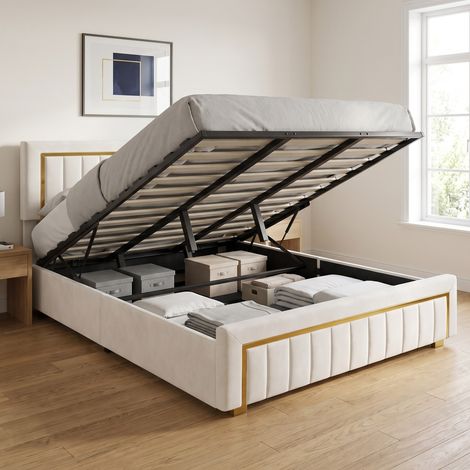 Lit coffre double 180x200 cm avec sommier, lit adulte avec grand espace de rangement, velours, style luxe, Beige (1/5)