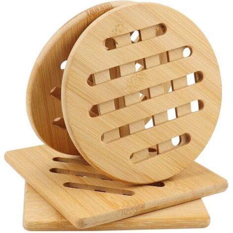 Ensemble de quatre tapis en bois résistants à la chaleur pour plans de travail de cuisine - Résistants à la chaleur (carrés et ronds, 19x19 cm) - Tapis en bois antidérapants et résistants à la chaleur
