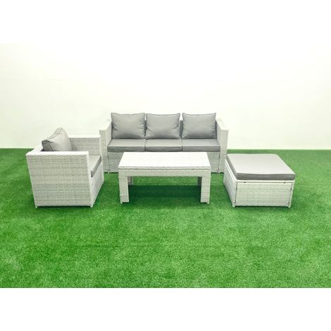 Fimous Polyrattan Gartenmöbel Set 4 Stücke Outdoor Garten Sofa Rechteckiger Couchtisch Set mit Sessel 2 Großer Hockern Hellgrau gemischt