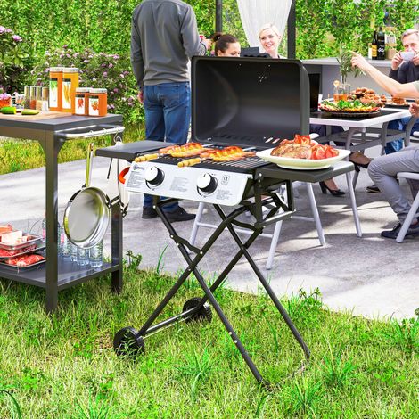 Barbecue gaz transportable 2 brûleurs 5,6kW camping étagères latérales thermomètre roues, noir