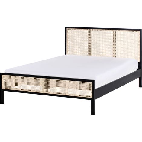 Cama con somier moderna cabecero con trenza vienesa madera de pino negro 140 x 200 cm Salernas