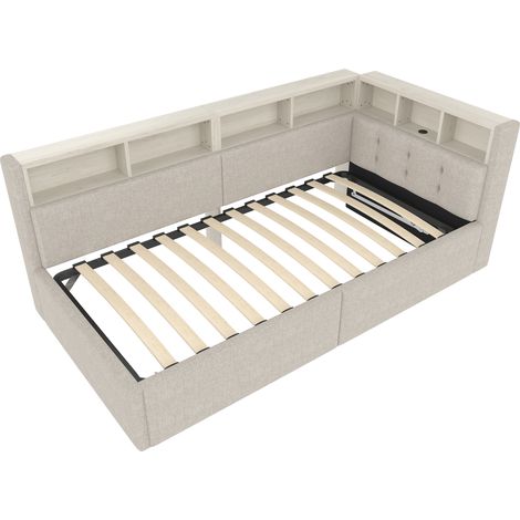 Lit de jour, lit de repos, canapé-lit 90 × 200 cm, ports USB et Type-C, rangement hydraulique, plusieurs compartiments de rangement, bande LED multicolore, sans matelas, lin, beige (1/5)