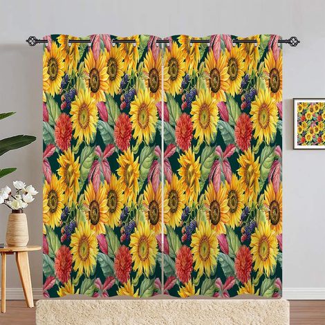 Rideau Occultant Aquarelle Jaune Tournesol Fleur Rideau Thermique Isolant Tenture Opaque à Oeillets Draperies Intérieurs pour Maison Chambre Salon 2 Panneaux L 140 x H 280 cm - 140L X 280H cm (2 Panne (1/5)