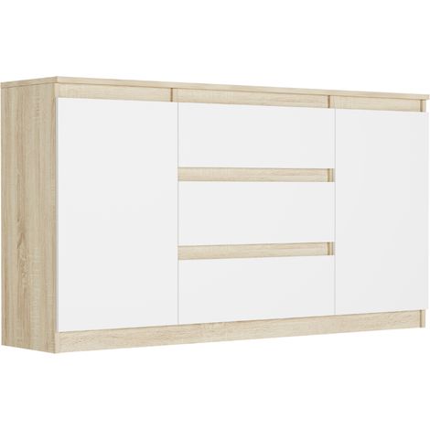 Kommode mit Schubladen und Schränken Sonoma Mix Weiß, 140 x 40 x 76 cm - Modern R140S3
